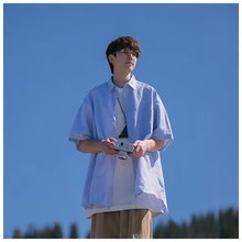 日系条纹短袖衬衫男夏季休闲百搭翻领衬衣薄款外套蓝色竖条纹衬衫