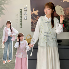 W1143轩辰微胖新中式国风复古改良版竹叶盘扣提花设计感马甲 衬衫