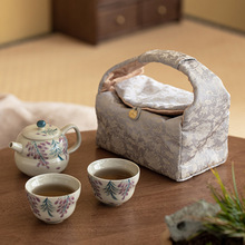 新中式便携旅行茶具一壶两杯收纳袋织锦户外手提棉麻布包茶杯茶壶