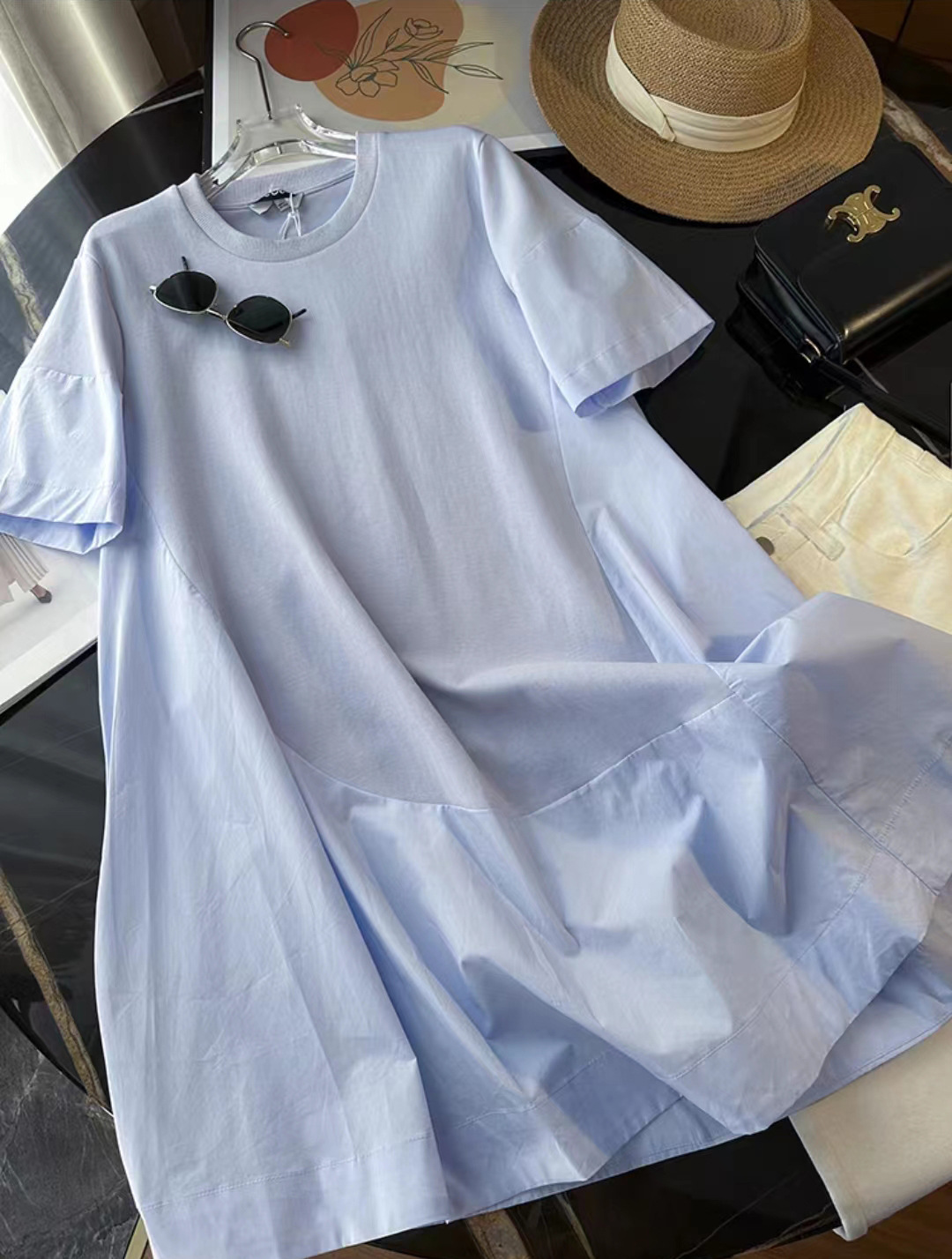 2023 Summer New Pure Color Cotton Loose Design round Neck A- line T-shirt Dress for Women Casual Dress Slimming