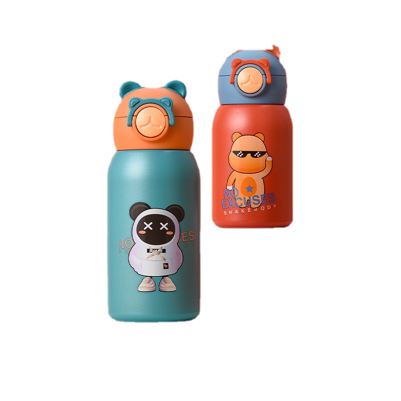 New 316 Stainless Steel Children Pot Belly Thermos Cup Cute Cartoon with Straw Cup One Cup Double Lid Bottle for Children