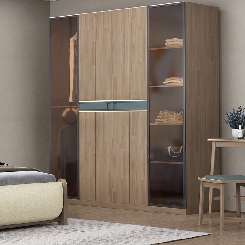 Nordic Solid Wood Wardrobe Modern Minimalist Bedroom and Household Frosted Glass Door Clothes Storage Cabinet Vertical Hinged Door Wardrobe