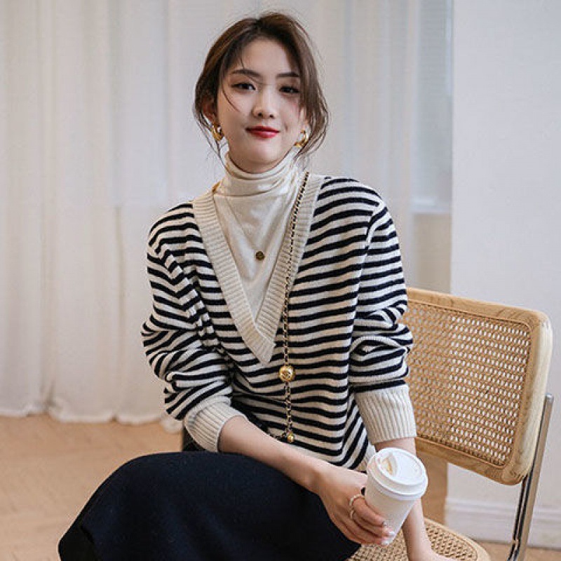 假两件条纹高领毛衣女秋冬新款宽松百搭洋气时尚堆堆领针织打底衫