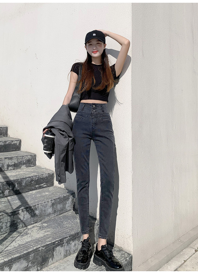 黑色高腰收腹牛仔裤女2021春款韩版显瘦显高紧身弹力小脚铅笔裤