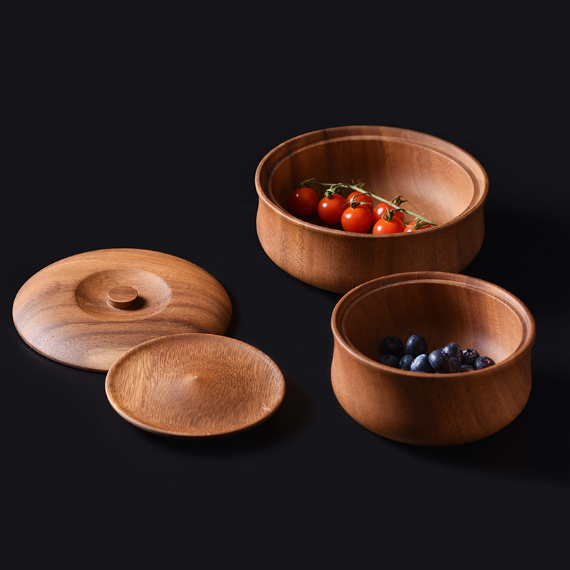 Acacia Mangium Whole Wood Household Rice Bowl with Lid Large Wooden Bowl Jujube Wood Same Tibetan Style Solid Wood Soup Plate