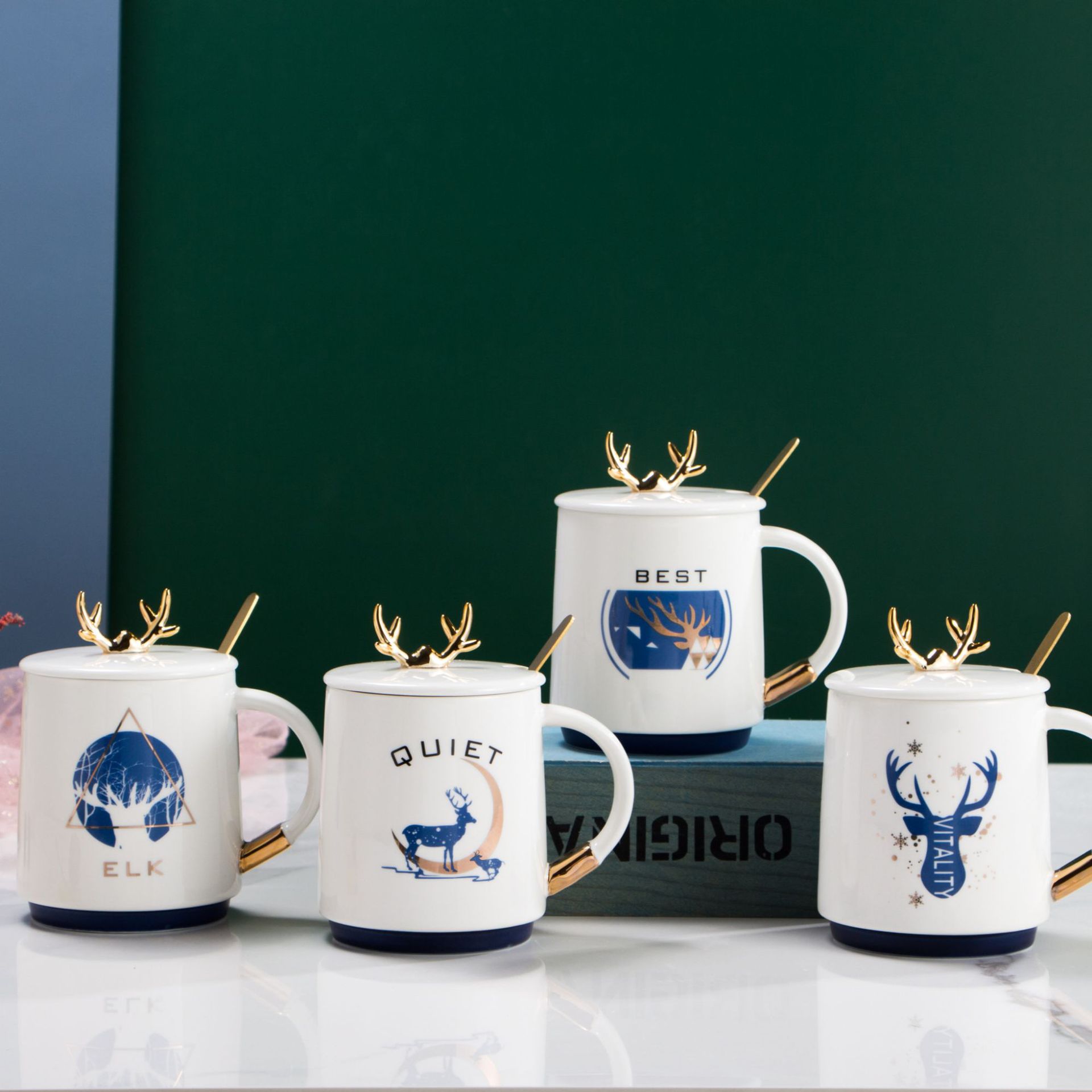 北欧风创意鹿角陶瓷杯学生情侣杯带盖勺马克杯描金办公描金咖啡杯