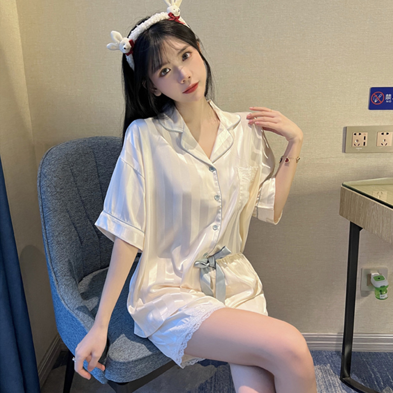 Summer Thin Ice Silk Pajamas Women's High-Grade Sweet Cute Short Sleeve Artificial Silk Outerwear Homewear Suit