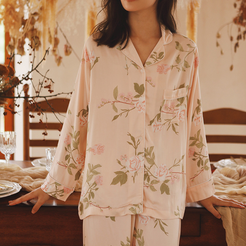 2023入秋新品国风家居服女士优雅大方薄款贡缎睡衣长袖长裤套装