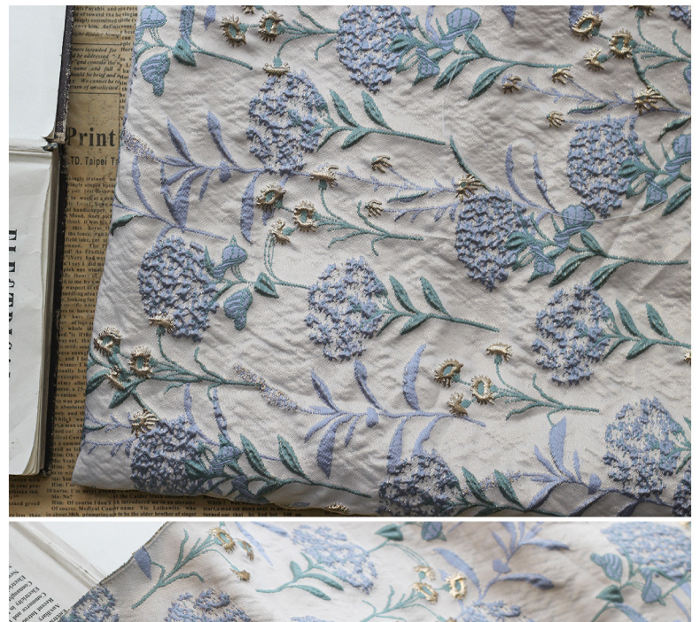 新款蓝色蒲公英金丝提花面料浮雕油画质感素雅立体提花布料现货