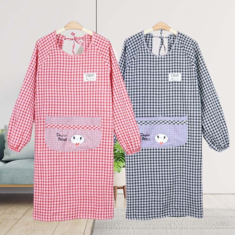 厂家老粗布长袖围裙女家用厨房带袖可爱罩衣防油反穿衣上班工作服