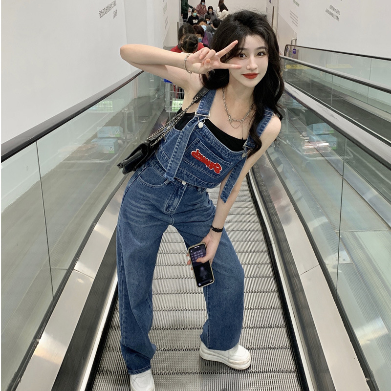 时尚分体式牛仔背带裤女2022春夏新款短款背心高腰直筒长裤两件套