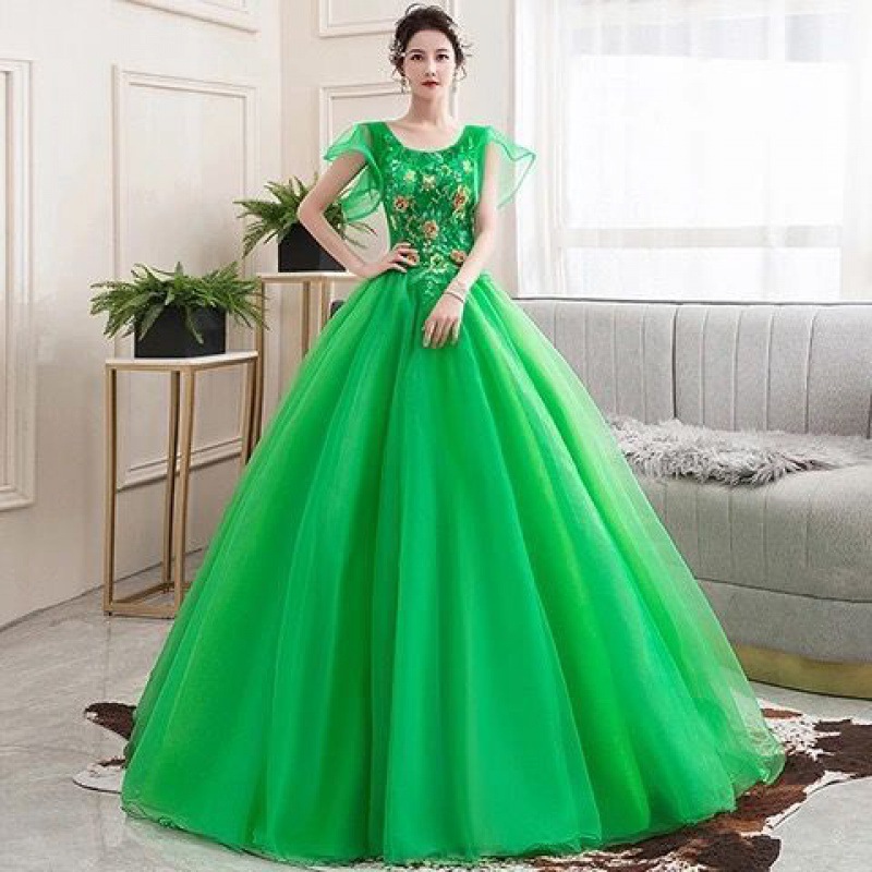 绿色泡泡袖裙女宴会中长款修身2022新款伴娘服显瘦女高贵气质优雅