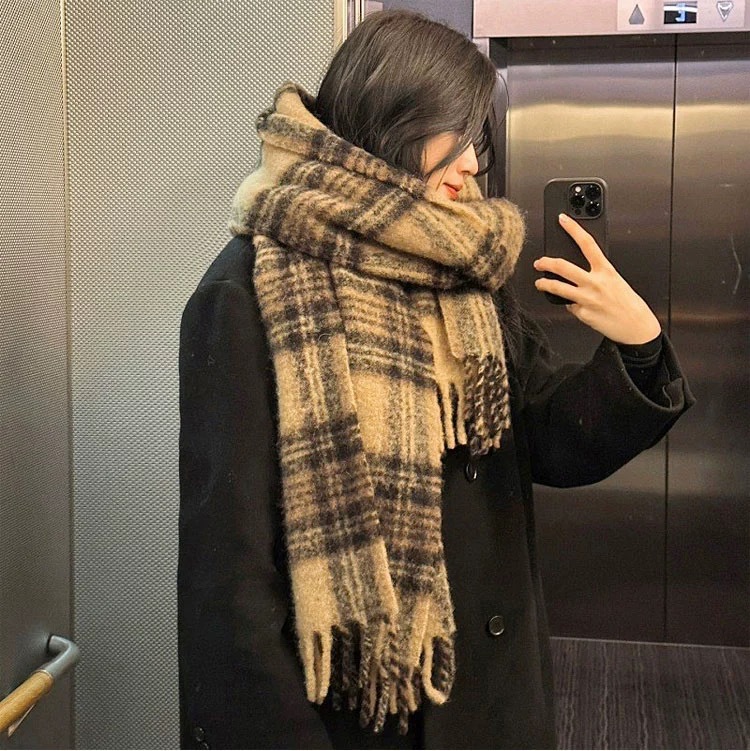 Korean Maillard New Plaid Tassel Scarf All-Matching Warm Thickened New Couple Thickened Fringe Bib Women