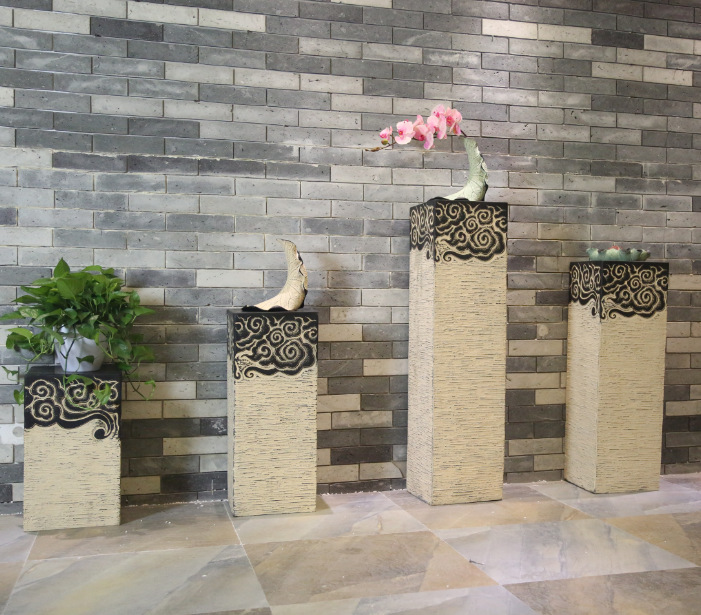 新中式树脂底座展示柱子复古展架花架流水底座装饰柱摆件石柱详云