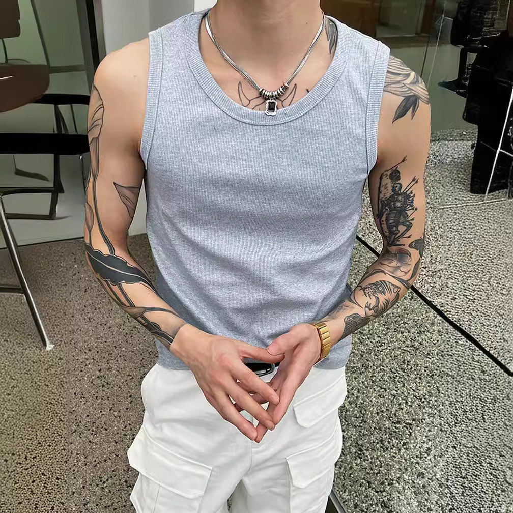 高级感螺纹纯棉背心男夏季运动健身弹力吸汗无袖t恤外穿内搭上衣