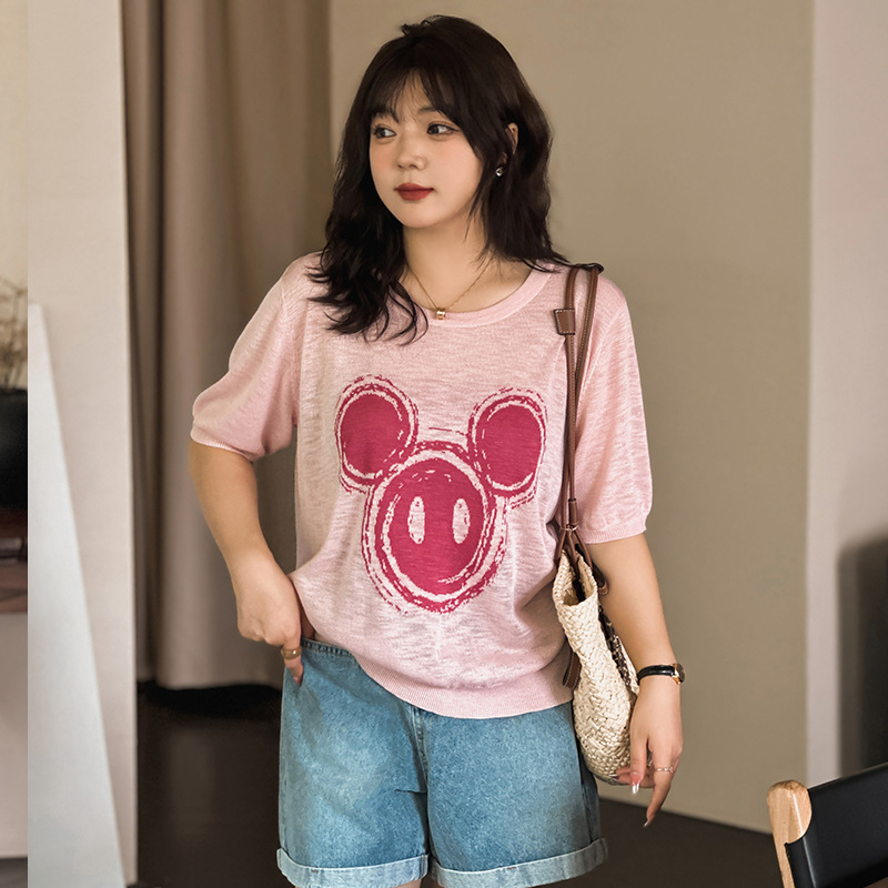 Large Size Women's round Neck Jacquard Smiley Sweater 2023 Summer New Plump Girls Loose Short Sleeve T-shirt Female 21727