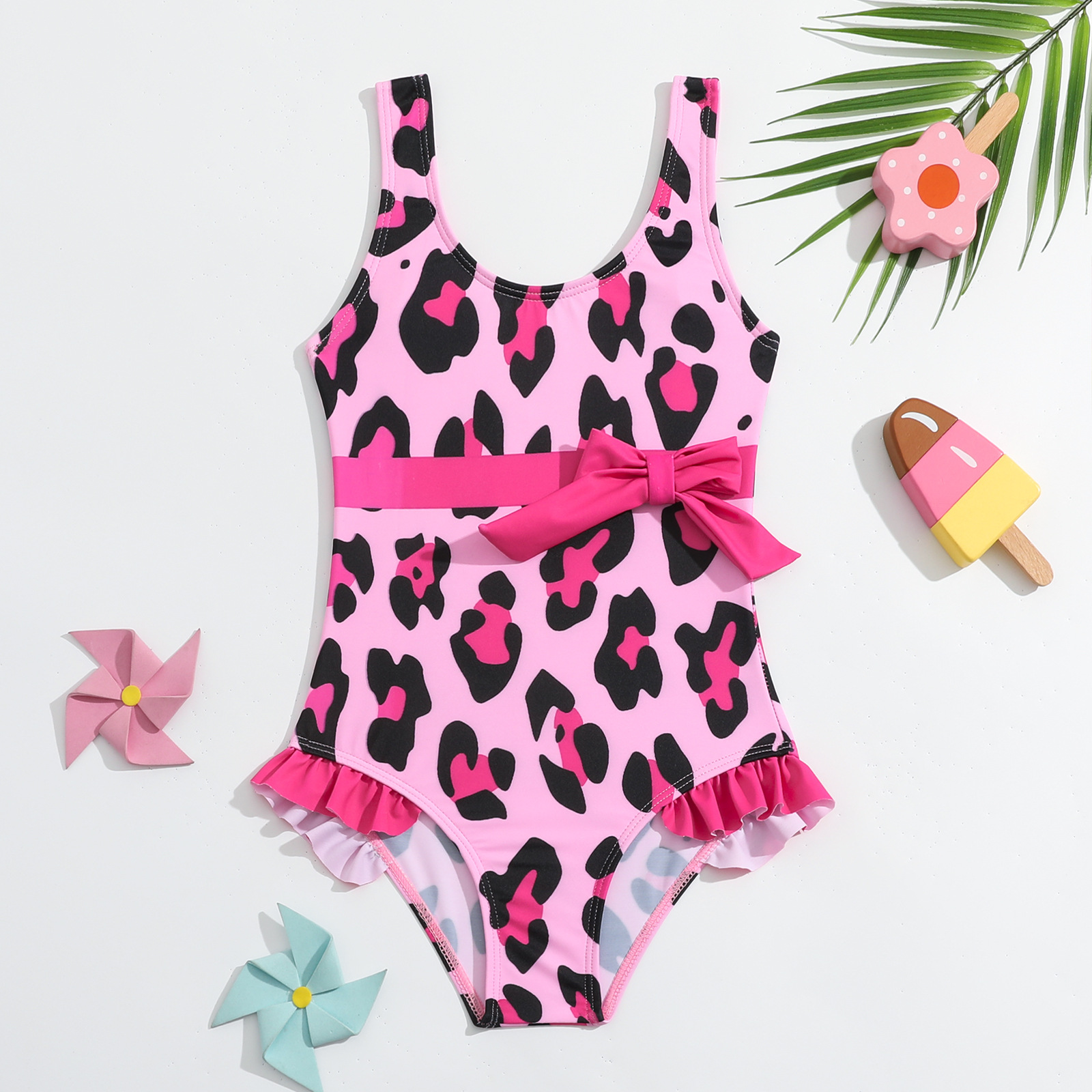 儿童泳衣女童泳衣连体豹纹花蝴蝶结速干小童三角度假跨境泳衣专供