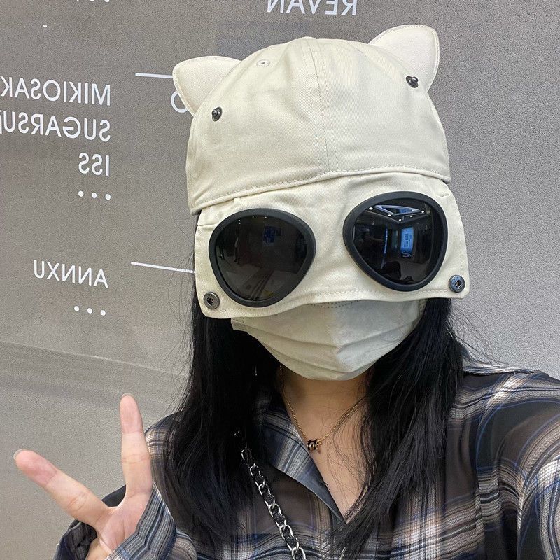 棒球帽街头鸭舌帽带墨镜女韩版防晒遮阳帽可爱飞行员帽子猫耳朵夏