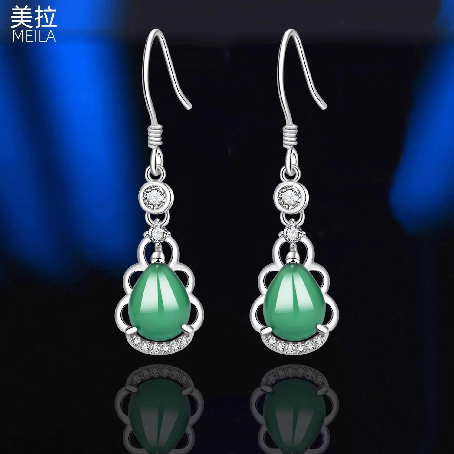 直播货源白绿玉髓水滴耳环女时尚做精工纯银玉石耳坠耳饰厂家直销