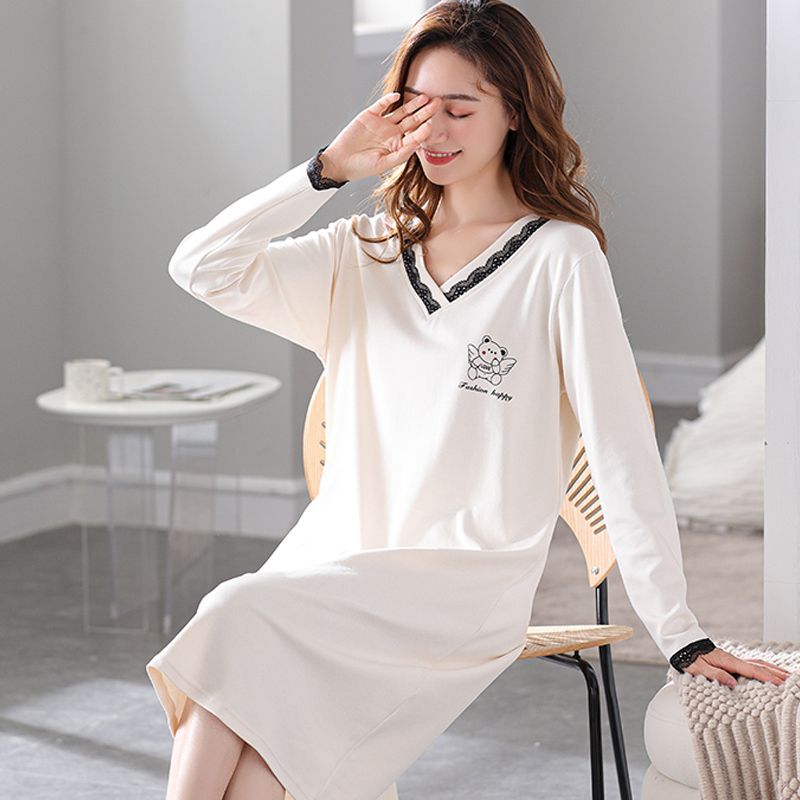 春秋季睡裙女款长袖纯棉洋气过膝中长款连衣裙子睡衣