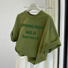纯棉设计绿色绿色新款女夏季感上衣正肩宽松小众2024潮牌短袖t恤