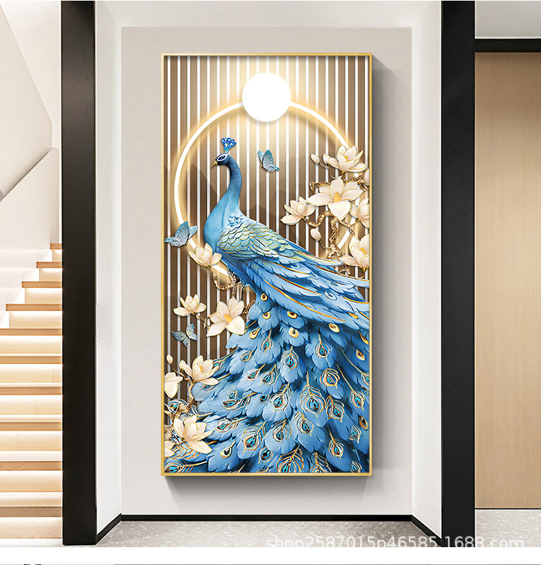 入户正对门玄关装饰画孔雀竖版客厅走廊过道壁画进门晶瓷钻石挂画