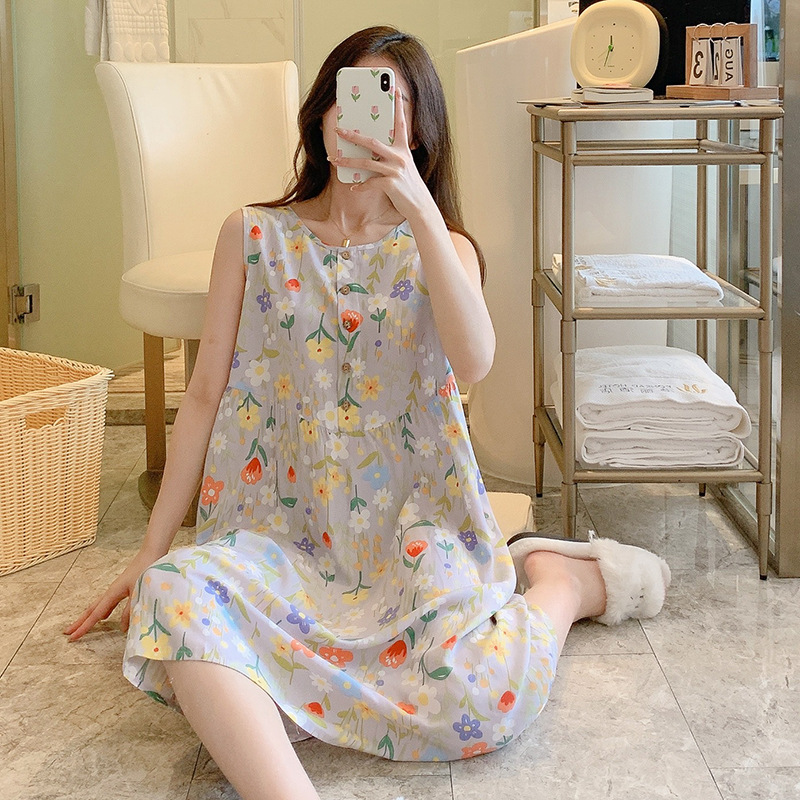 Spring and Autumn New Artificial Cotton Nightdress Women's Summer Fashion Casual Thin Long Pajamas Can Be Worn outside plus Size Homewear