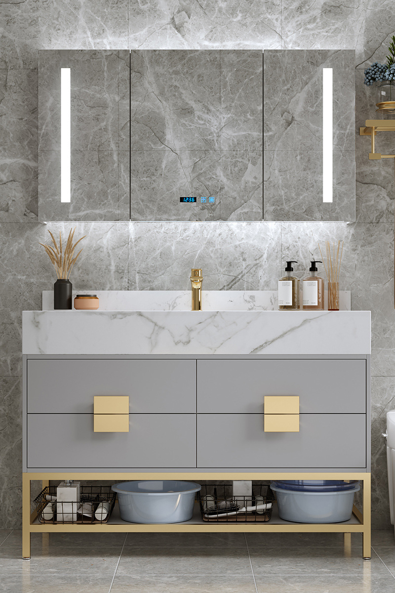 岩板一体现代简约双盆浴室柜组合落地式洗脸洗手池洗漱台盆卫生间