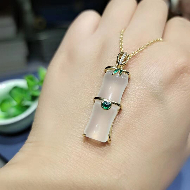 批发高冰玉髓竹节镶嵌吊坠项链白绿竹节项链坠子女首饰配饰