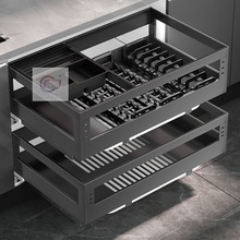 厨房改造304不锈钢抽屉双层阻尼调料橱柜内置物收纳沥水碗碟拉蓝