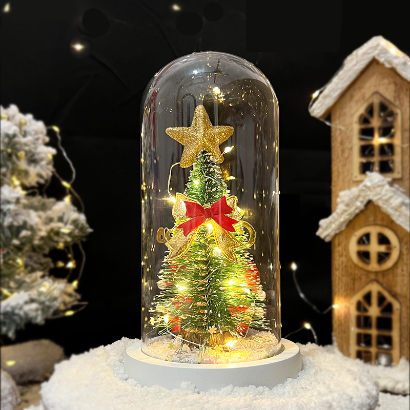 Christmas LED Light Glass Cover Gift Box with Light Snowman Ornaments Foreign Trade Hot Selling Micro Landscape Mini Christmas Tree