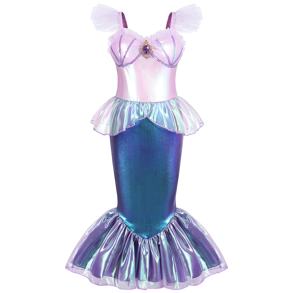 跨境童装 儿童美人鱼公主裙女童ins风人鱼姬色小飞袖连衣裙子