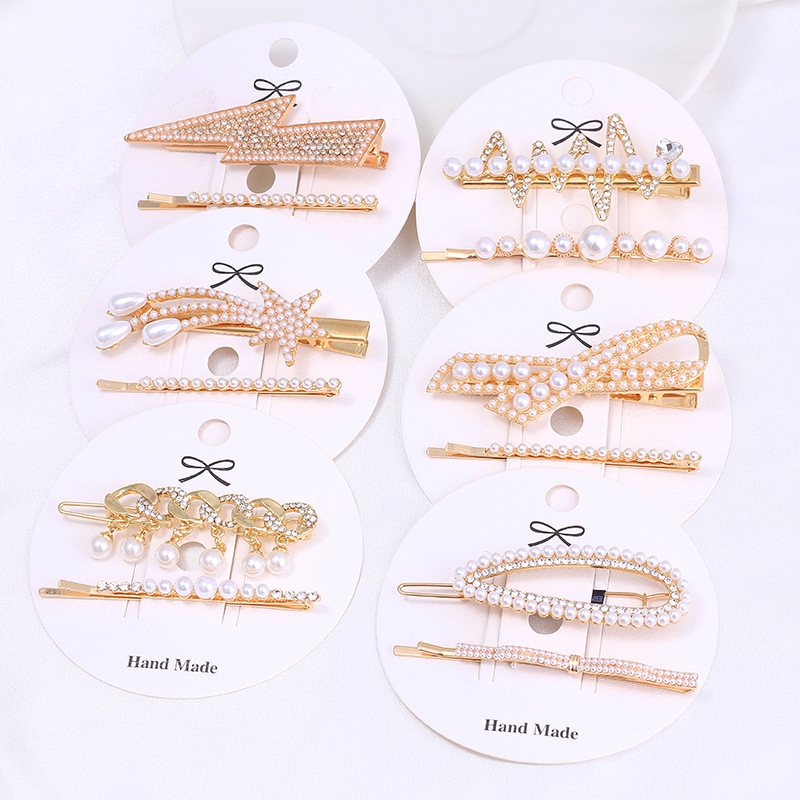 Elegant Style Alloy Imitation Pearl Inlaid Women's Bangs Shredded Hair Side Clip Hairpin Yilier Two-Piece Set Hair Clips Hair Accessories