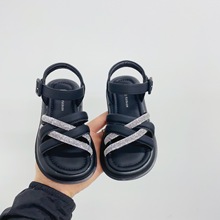 宝宝洋气交叉水钻绳带一字小凉鞋2024年夏季新款女童英伦时装单品