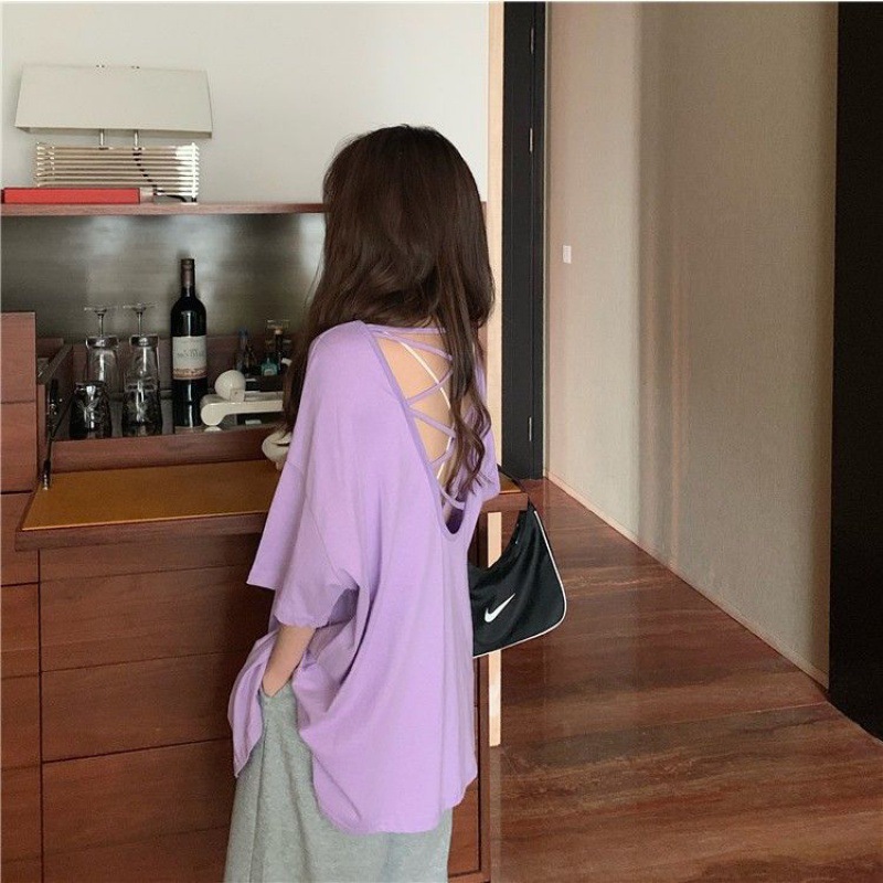 特大码300斤交叉露背短袖t恤女胖mm宽松ins韩版小性感显瘦上衣潮