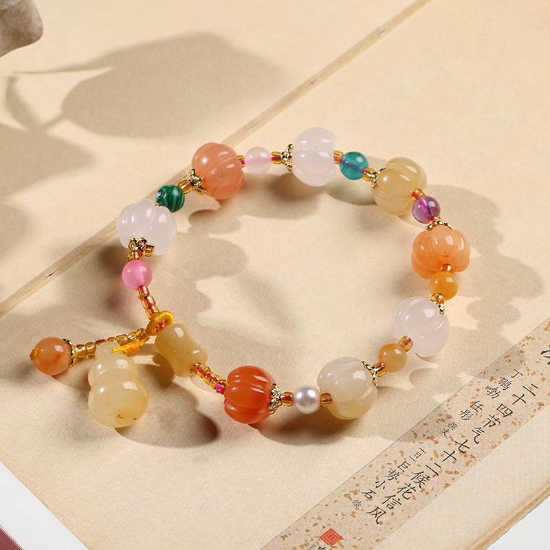 Qiyi Natural Xinjiang Jinsi Jade Bracelet Couple Ethnic Style Pumpkin Beads Bamboo Hanging Gourd Topaz Bracelet