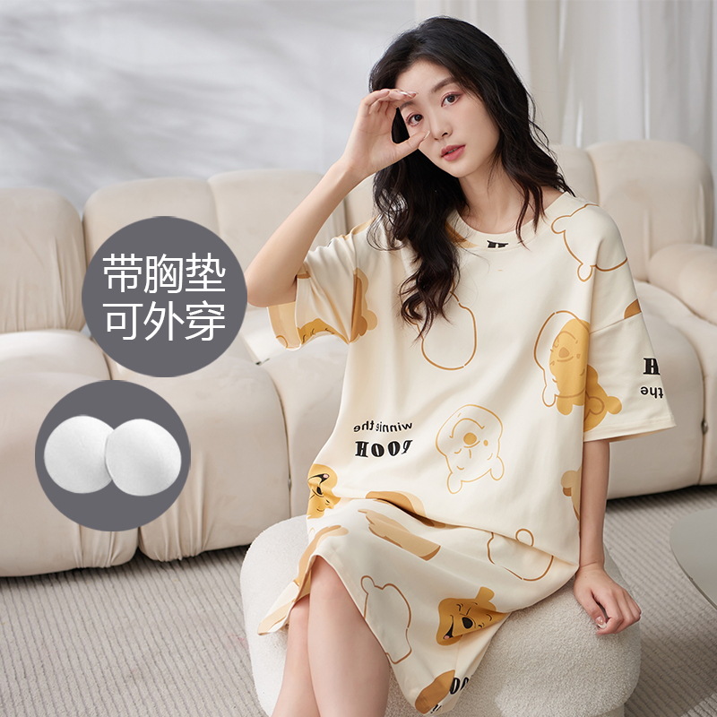 23 Summer Pure Cotton Women's Nightdress Cotton Outer Wear Student's Dress Thin Simple round Neck plus-Sized Version Loose Women's Nightdress