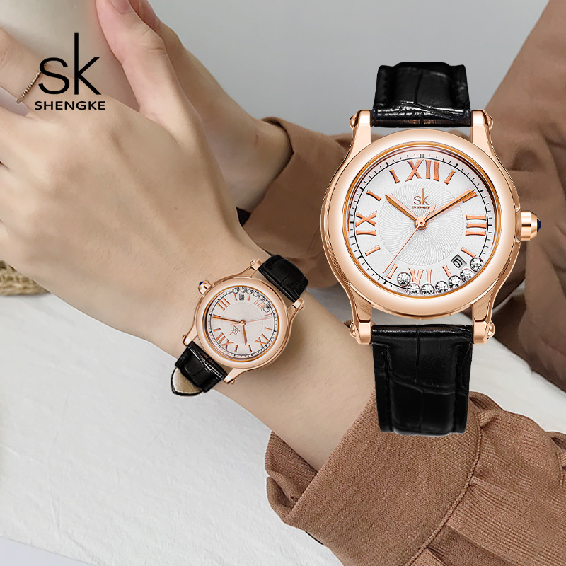 sk手表女士时尚真皮创意水晶石来运转手表休闲时尚学生商务石英表