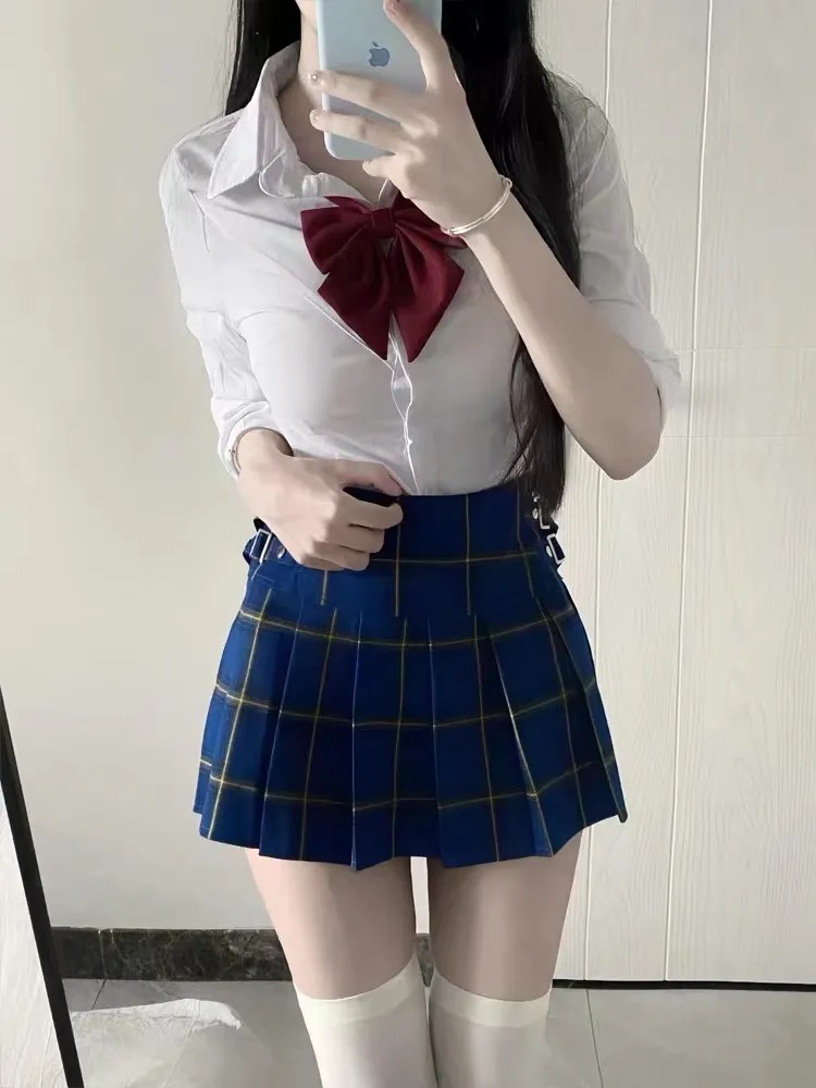 jk裙美式裙女半身裙百褶裙学院风蓝格子短裙长袖收腰衬衫制服套装