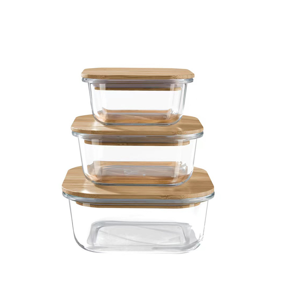 Bamboo Wood Cover Wooden Lid Glass Crisper Wooden Lid Glass Bowl Refrigerator Sealed Lunch Box Borosilicate Glass Bowl Fresh Lunch Box