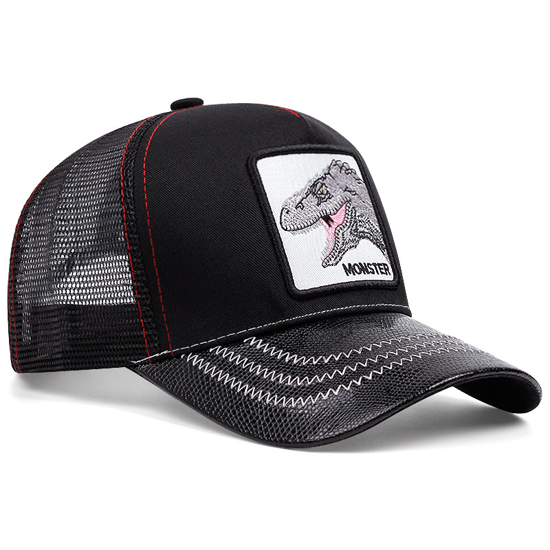 Dinosaur Embroidered Baseball Cap Leather Outdoor Animal Peaked Cap Summer Sunshade Breathable Net Cap American Truck Driver