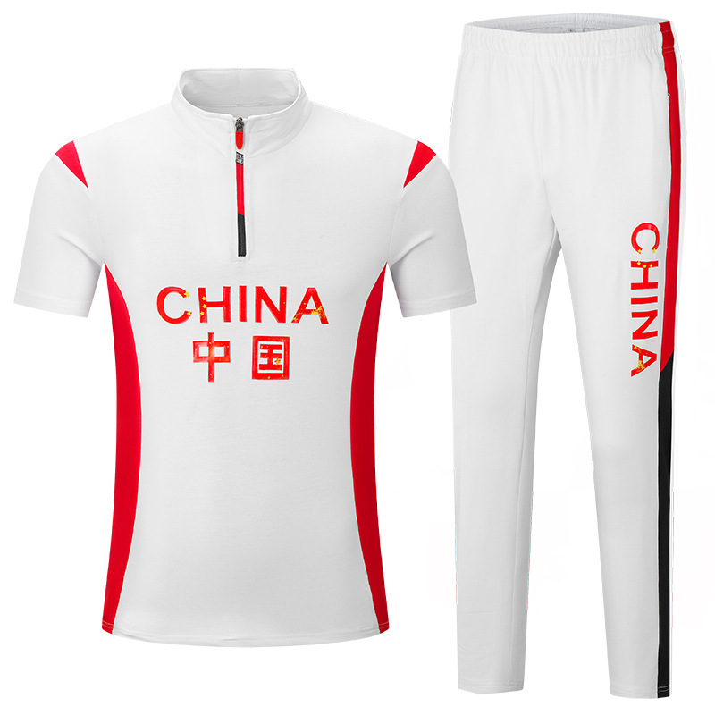 中国队拼色半拉链短袖长裤运动服套装china体育生教练服训练polo