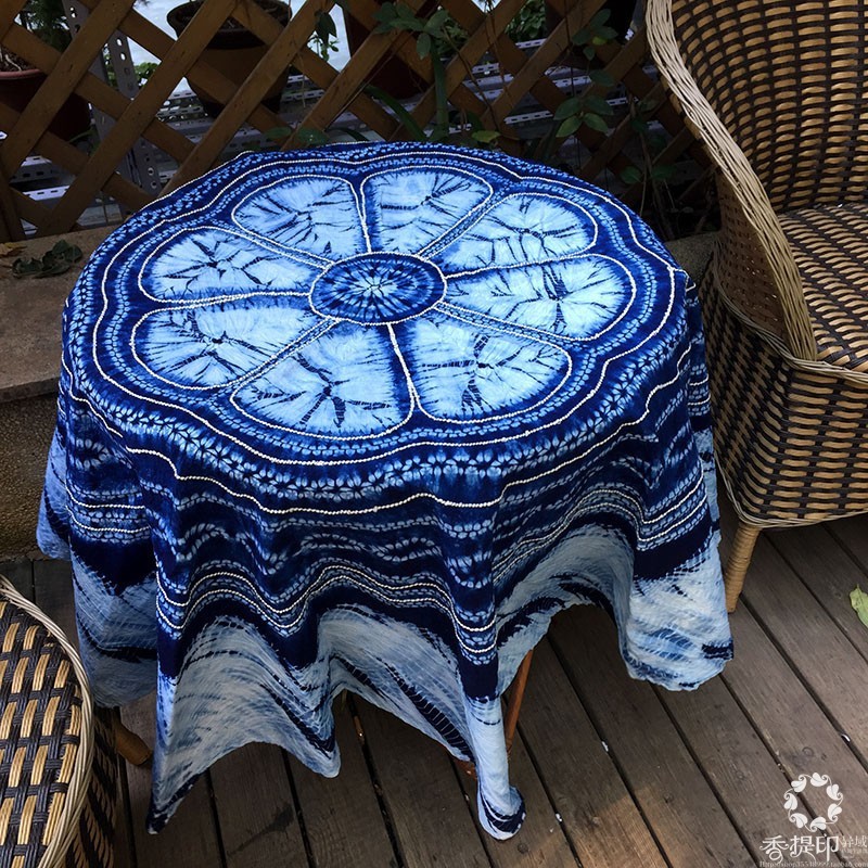 复古民间手工布艺民族风大理传统蓝染蝴蝶古法扎染圆桌布餐布