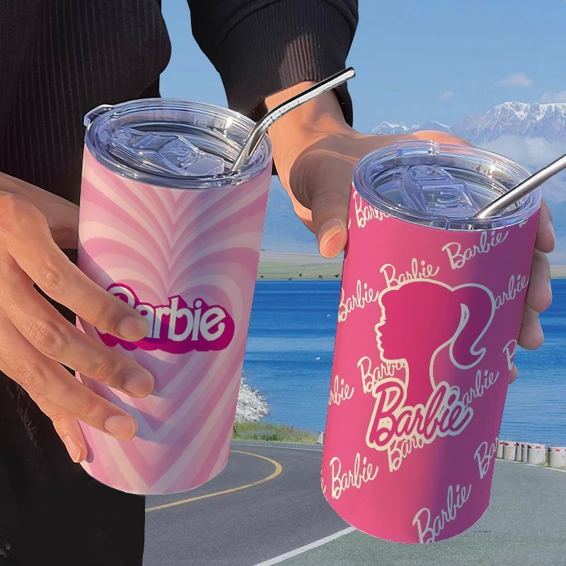 芭比公主标志保温杯带吸管随手杯咖啡杯ins高颜值便携学生水杯