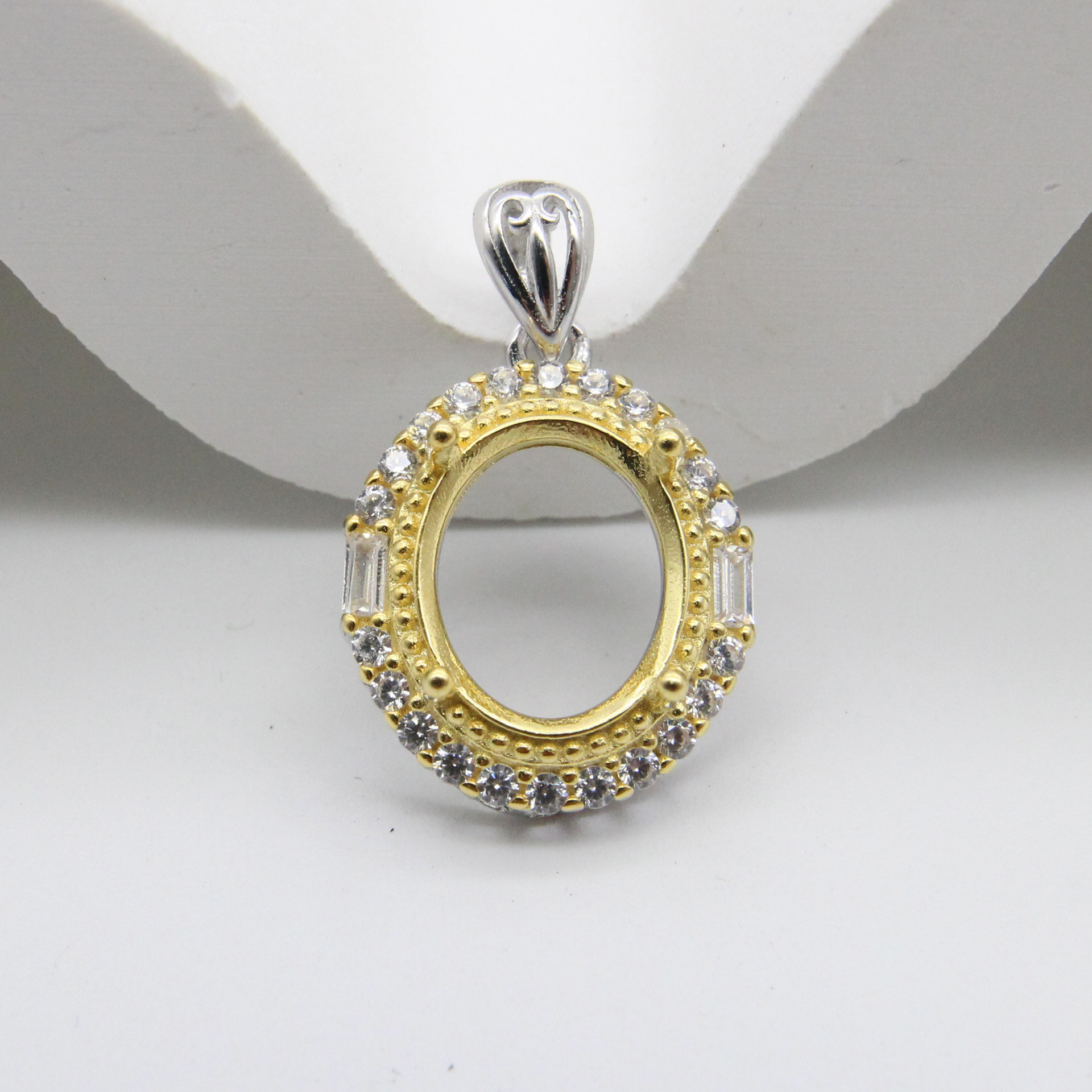 s925银空托吊坠椭圆蛋形项坠百搭镶嵌和田玉石尖晶彩宝项链配件