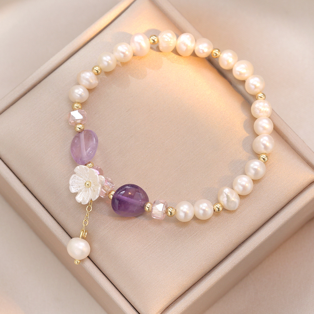 天然淡水珍珠手链复古巴洛克异形紫水晶海贝手链原创小花时尚手链