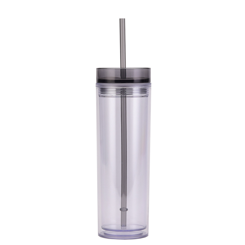 European and American Ins Style Fashion Water Cup Skinny Double-Layer Cup with Straw Transparent Tumbler with Straw Double Wall Water Bottle