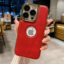 适用iphone12/13promax精孔电镀牛皮纹贴皮漏标水晶纹手机壳