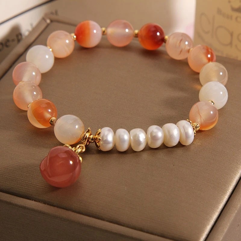 韩版风玛瑙水晶手链水蜜桃淡水珍珠手串时尚首饰森系手链气质优雅