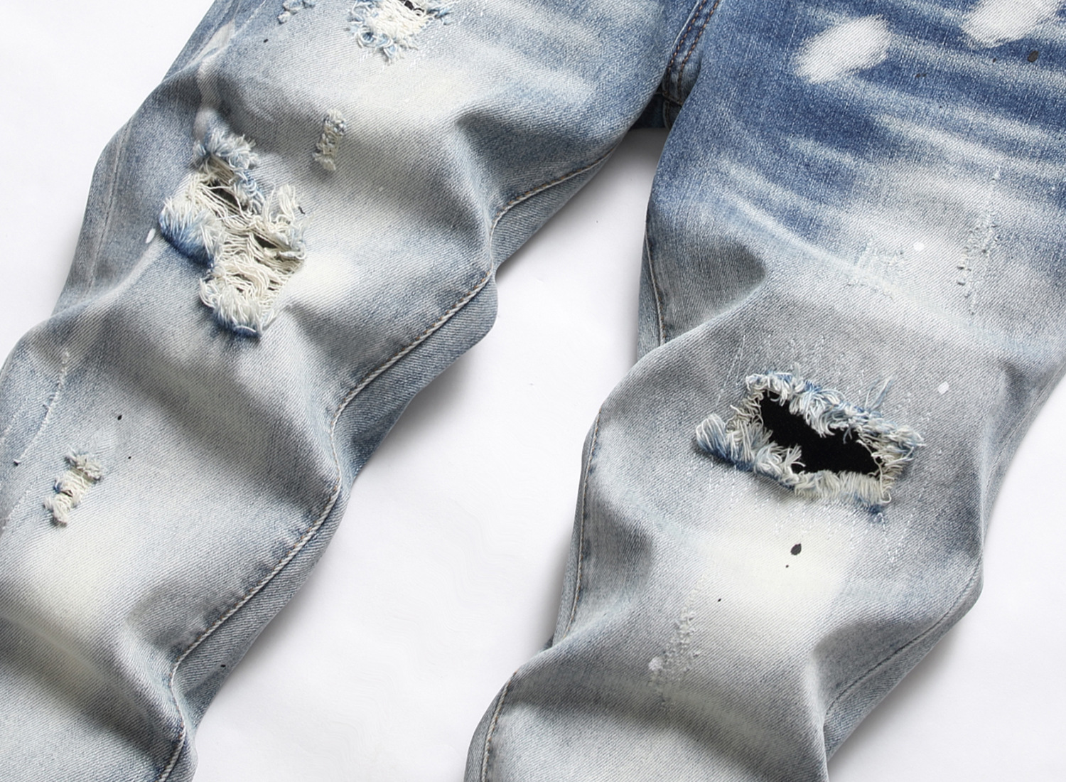 欧美潮款渐变色破洞乱线补丁贴布泼彩墨手绘工艺修身弹力牛仔裤男